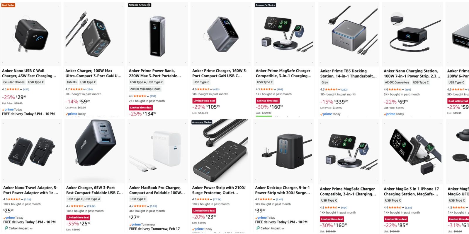 Image showing listings from Anker's Presidents Day sale.