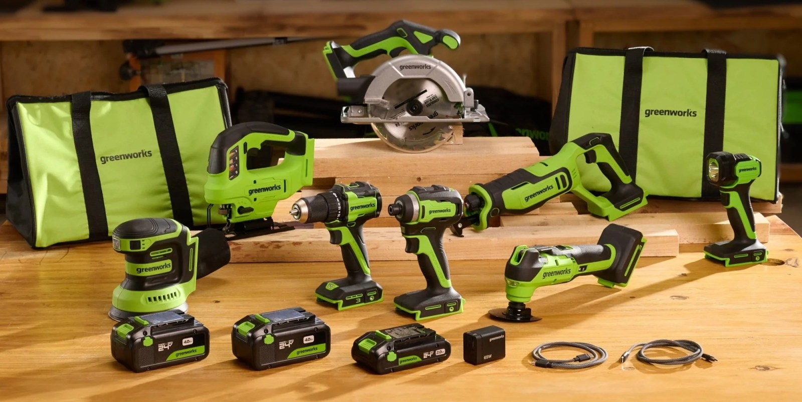A group of green and black power tools