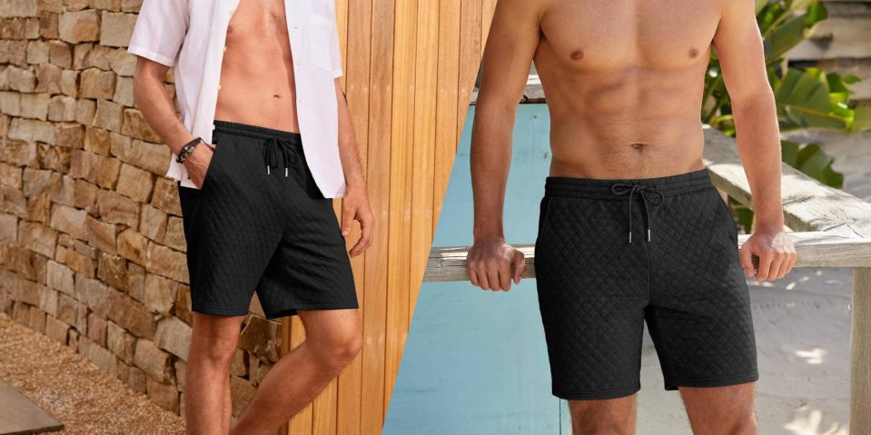 A collage of a man wearing swim shorts