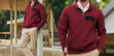 A collage of a man wearing a red jacket