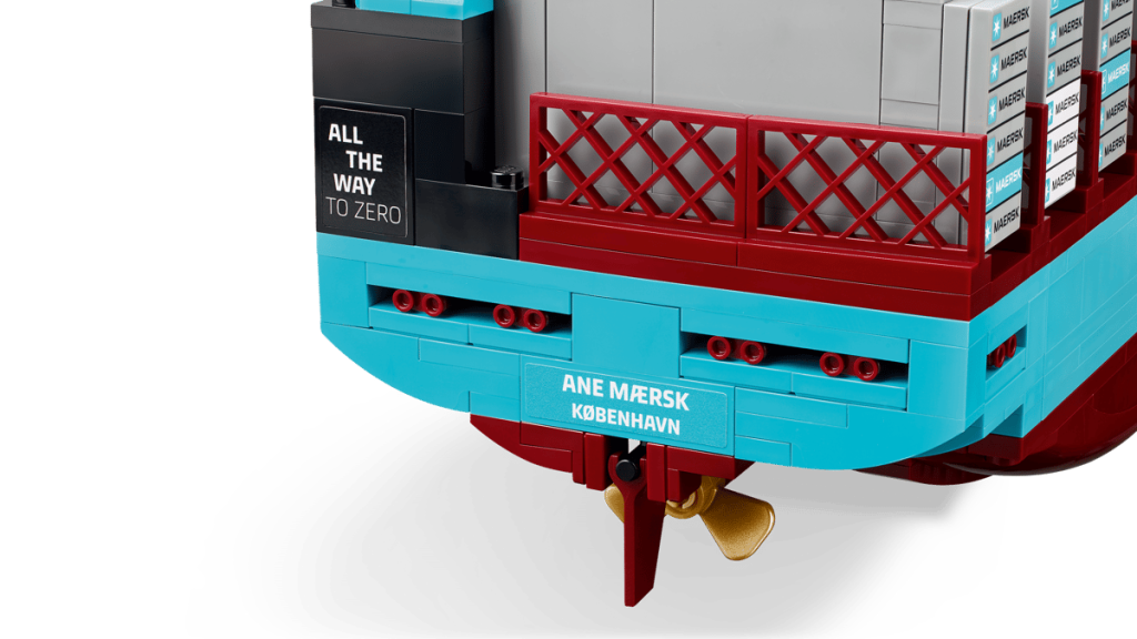A close up of a LEGO Maersk boat