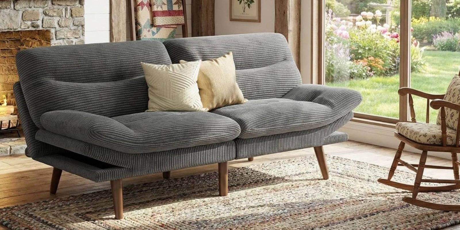 A grey couch with pillows on it