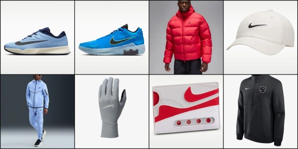 A collage of a man wearing a red coat and a blue shoe