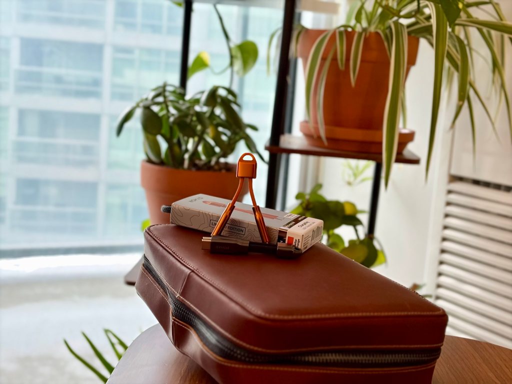 A pair of scissors on a brown case