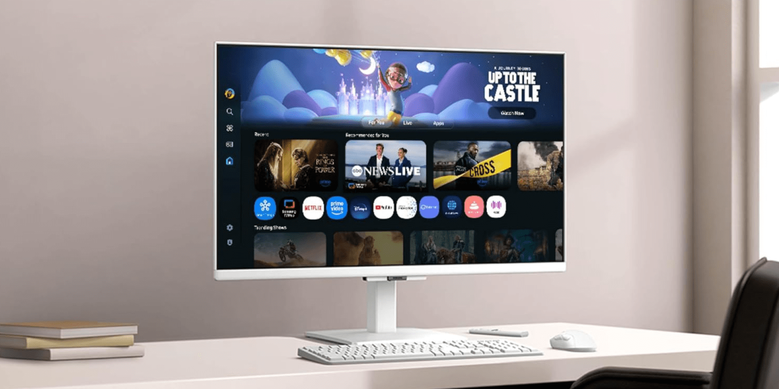 A computer screen with a keyboard and mouse