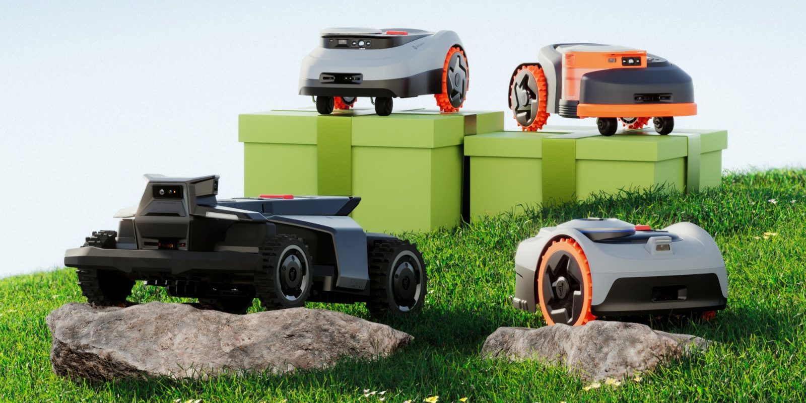 A group of toy vehicles on green boxes