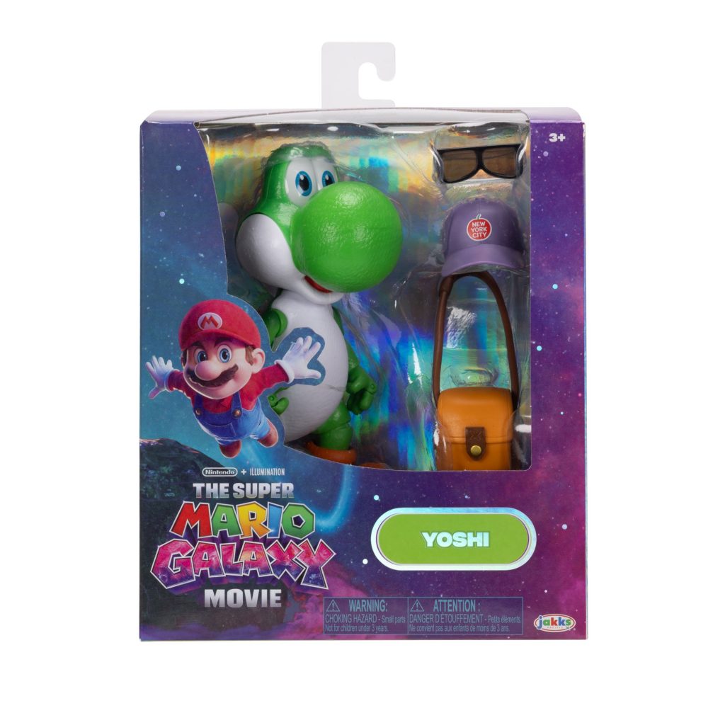 A toy box with a green yoshi and a purple bag