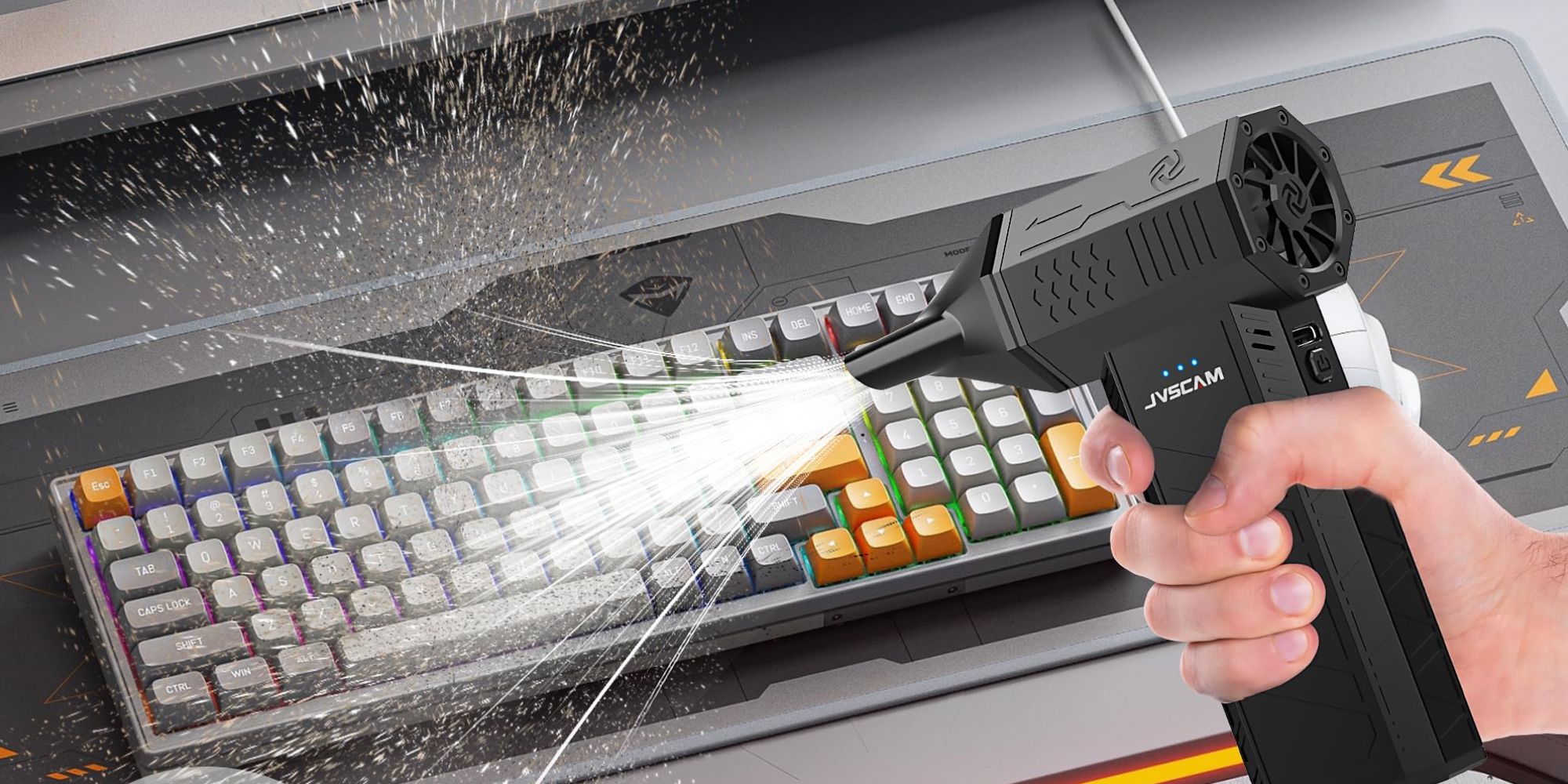 A hand holding a black device with a spray gun