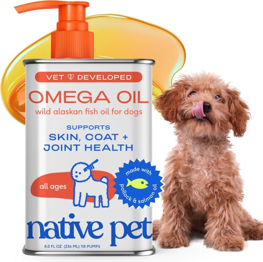 A dog licking its nose next to a can of omega oil