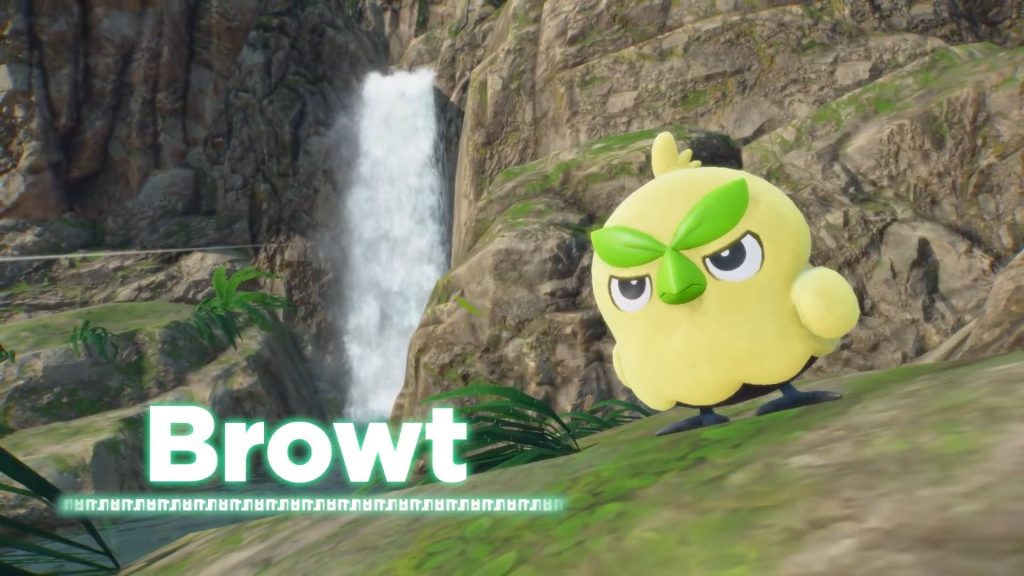 A cartoon bird standing on grass next to a waterfall