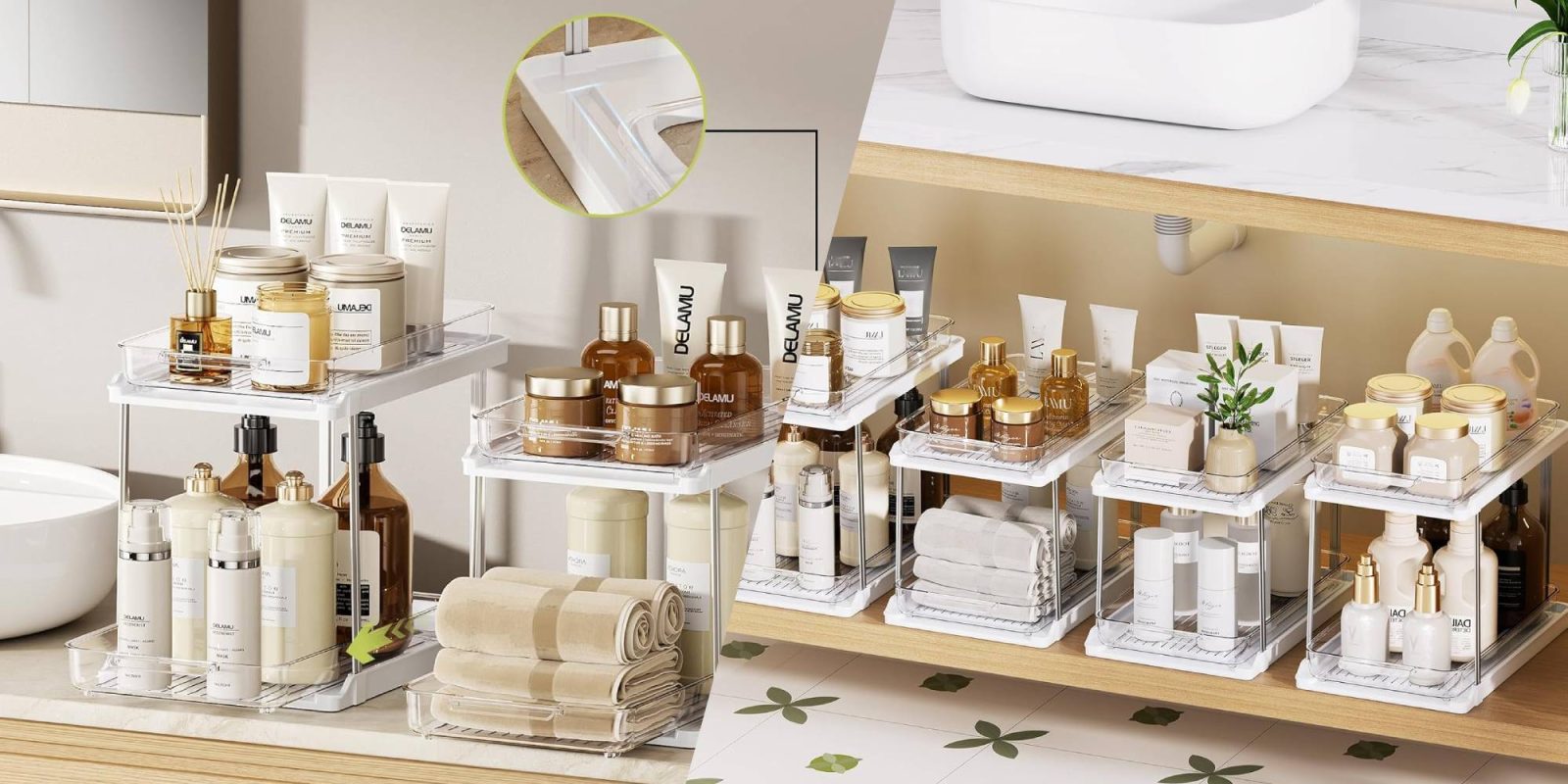 A bathroom shelf with different items