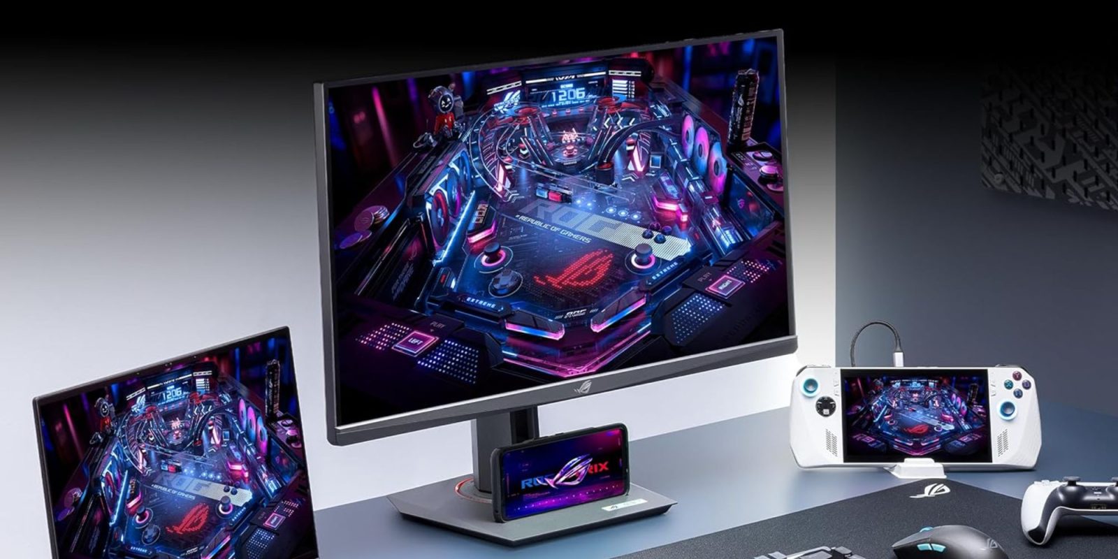 A computer monitor and a game controller