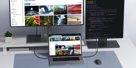 A laptop connected to a computer monitor