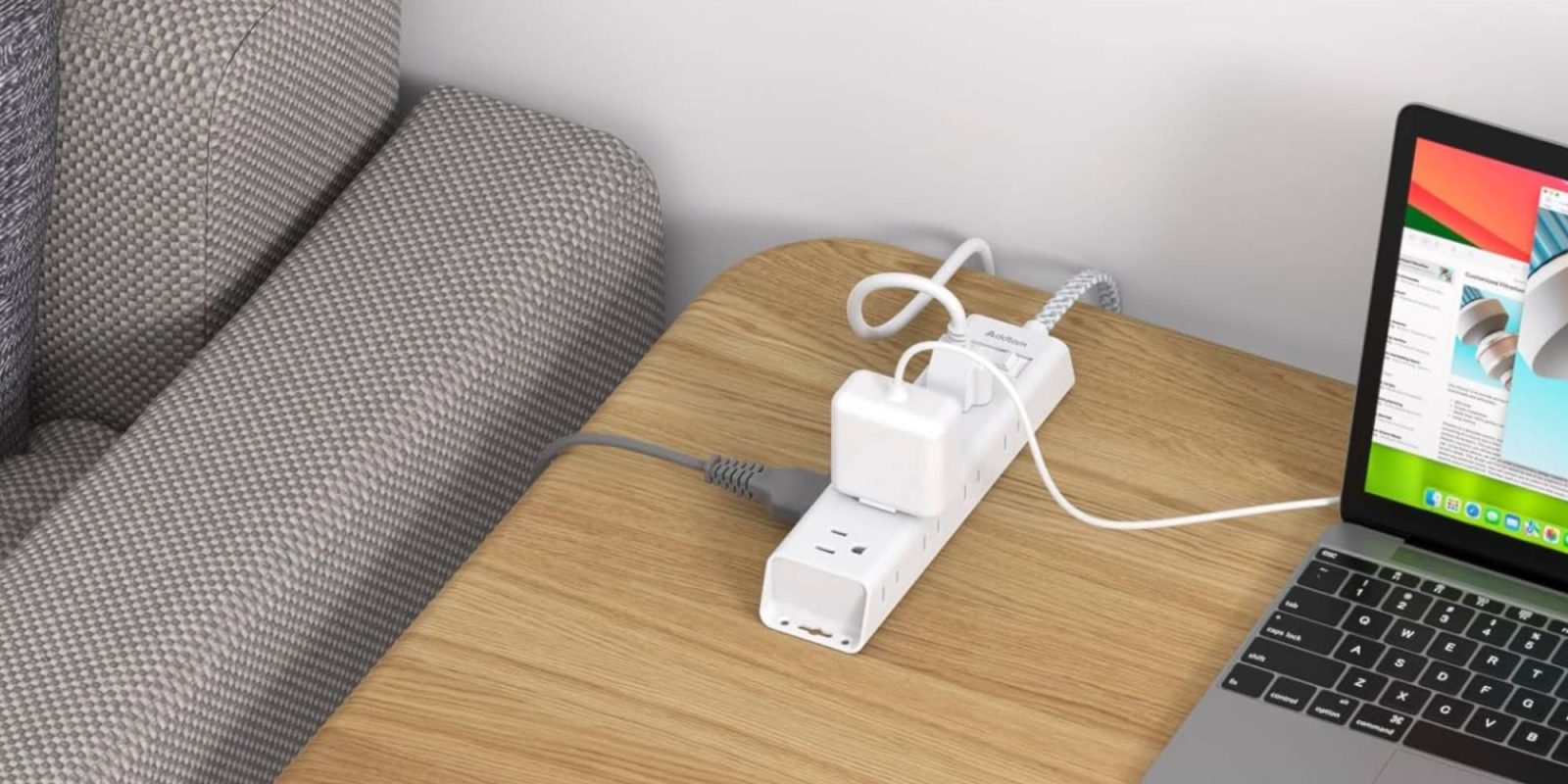 A power strip with cords plugged into it