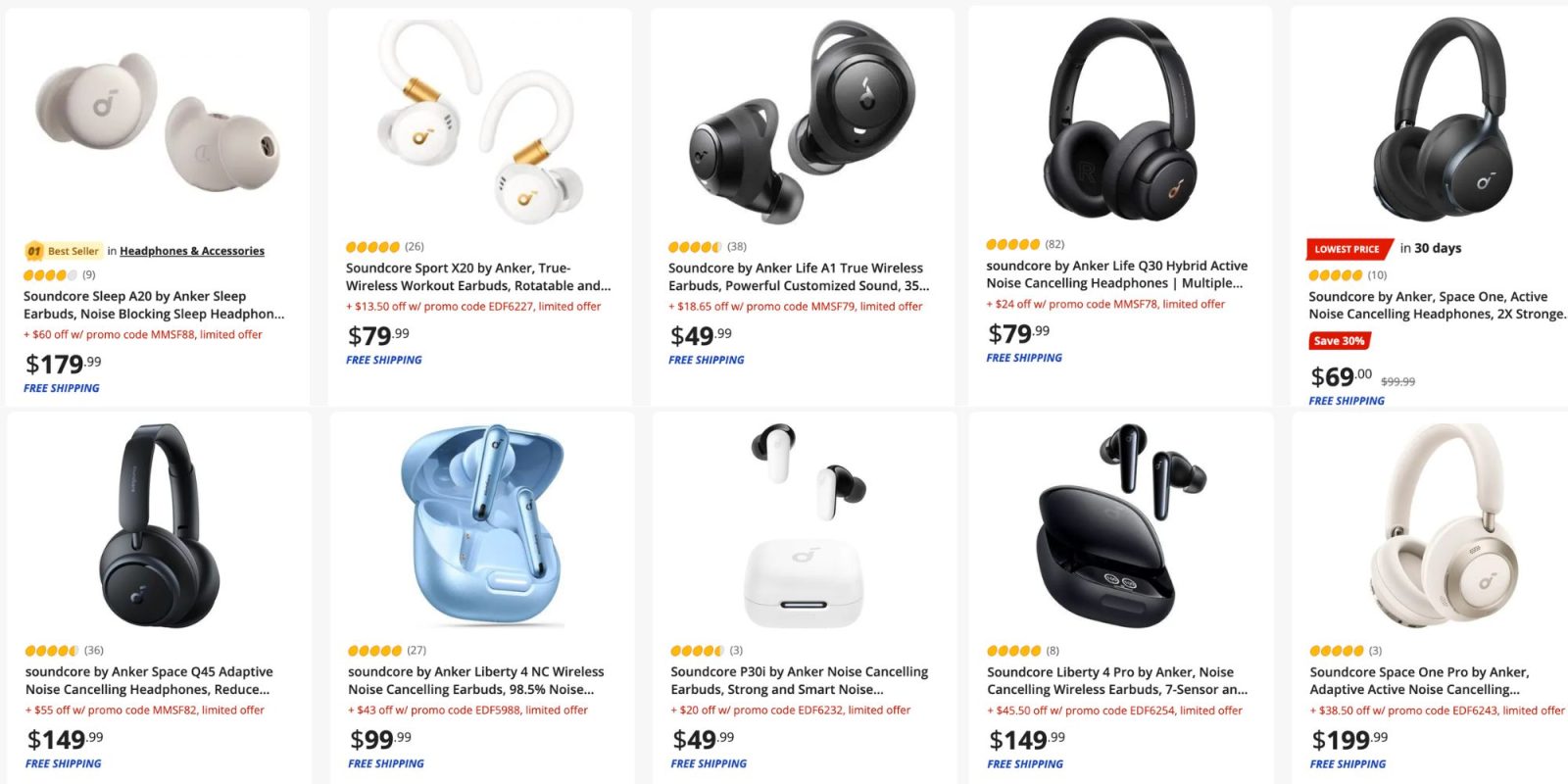 Image showing listings from Anker Soundcore earbuds.