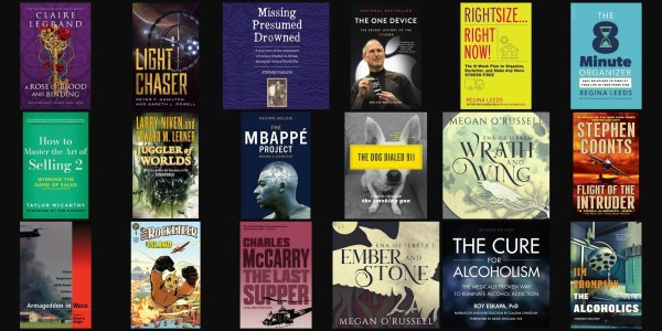 A collection of books with images of a man and a dog