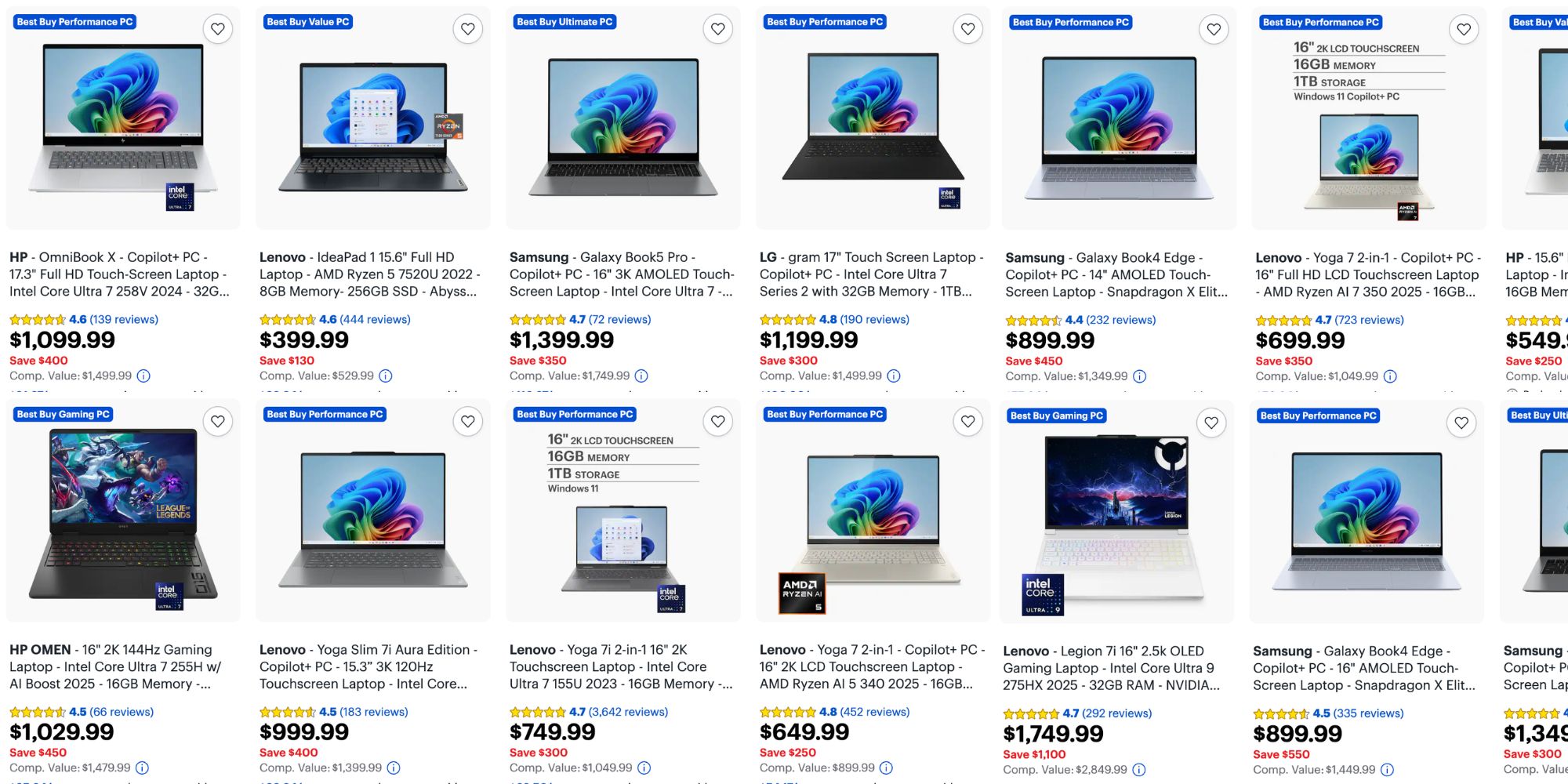 Image showing listings from Best Buy's Copilot+ PC sale.