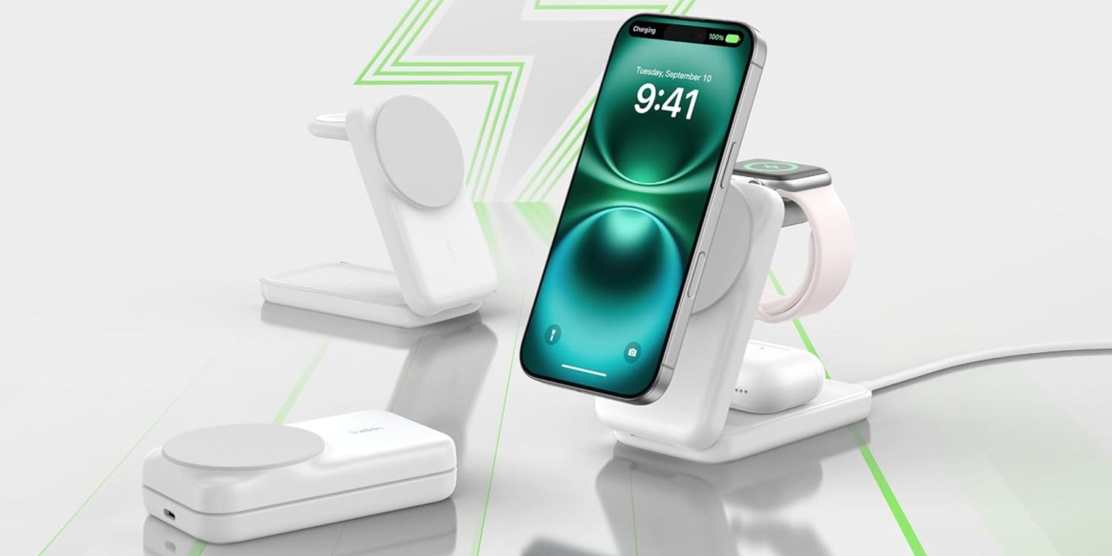Image showing renders of Belkin's 3-in-1 Qi2.2 25W charging station in white.