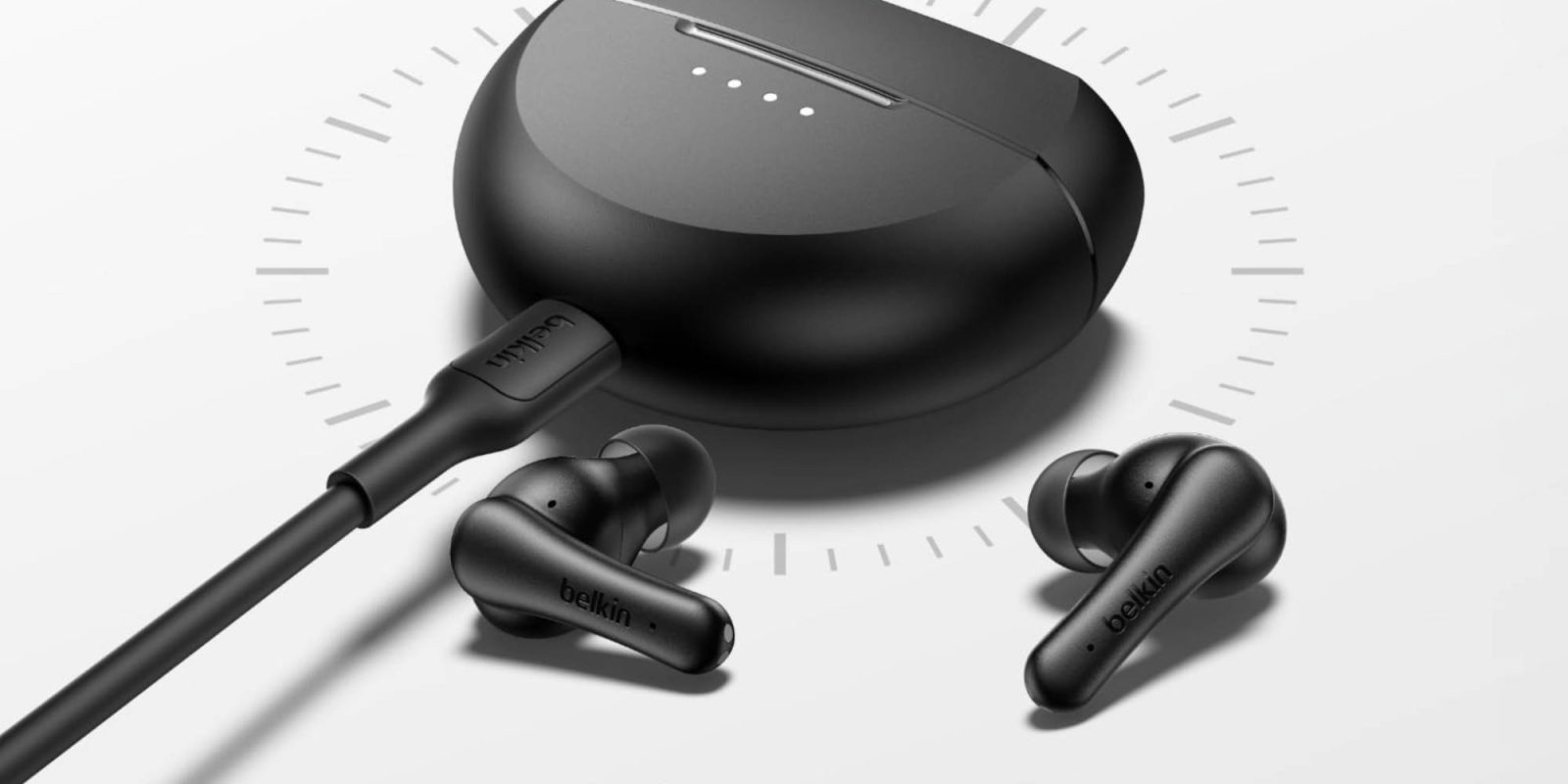 A black wireless earbuds and a black case