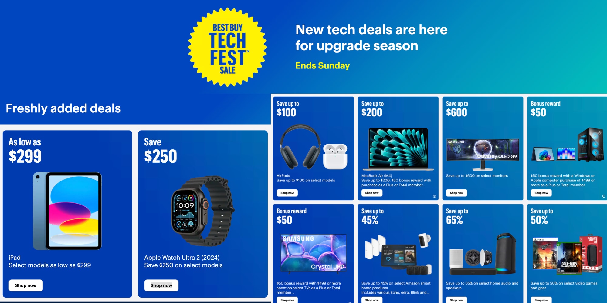 A blue advertisement with white text and blue text