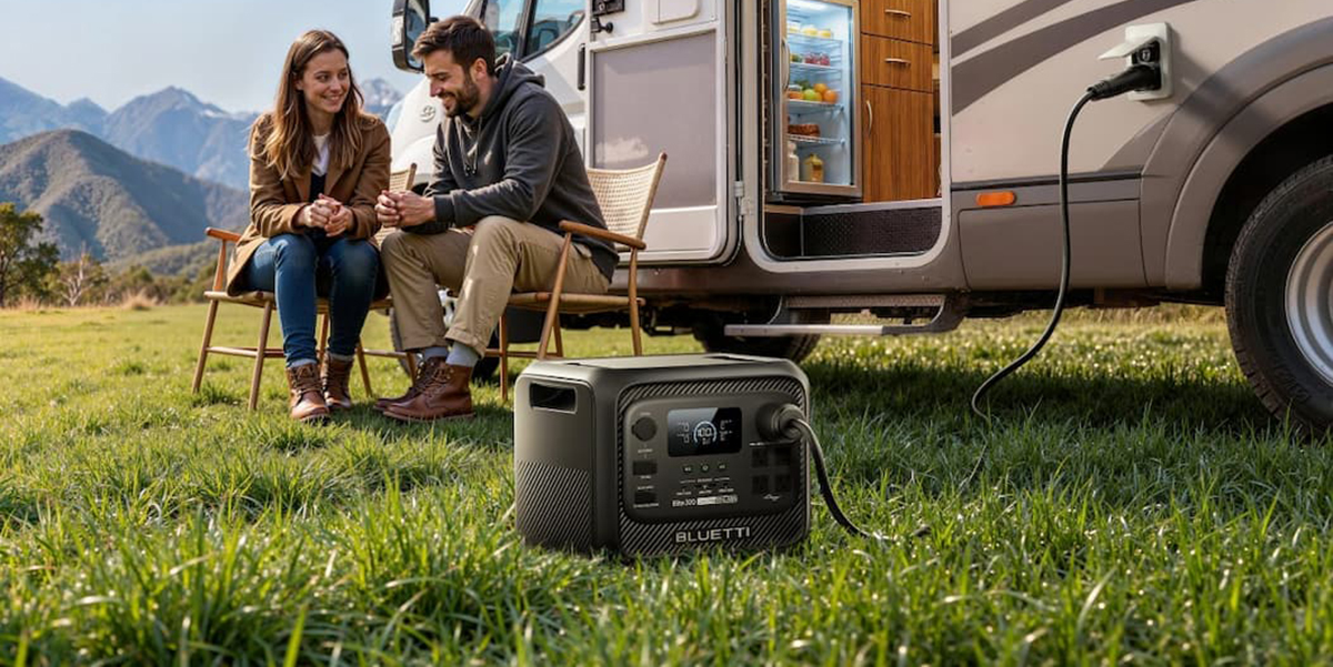 A man and woman sitting in grass next to a portable radio