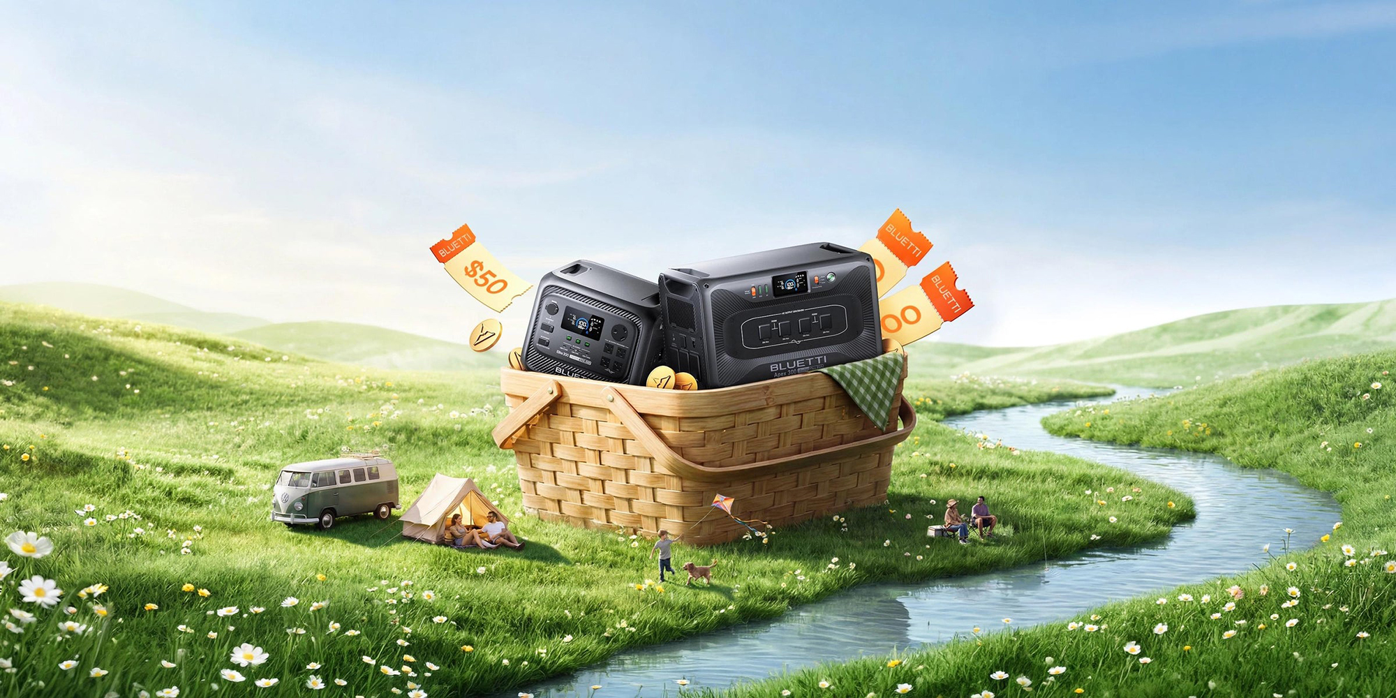 A basket with radio and a couple of people in the grass