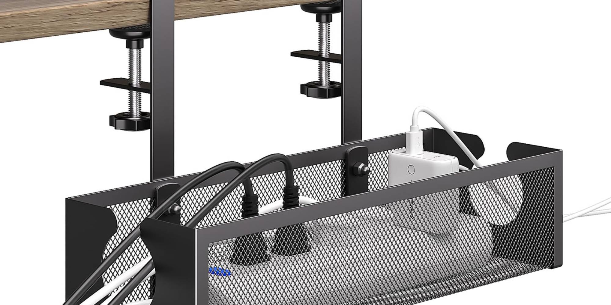 A wire mesh basket with several plugs
