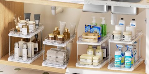 A bathroom shelf with different items on it