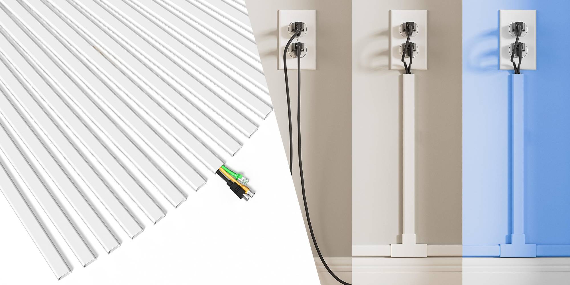 A wall outlet with wires plugged into it