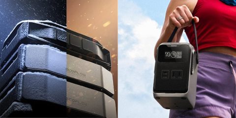 A collage of a person holding a device