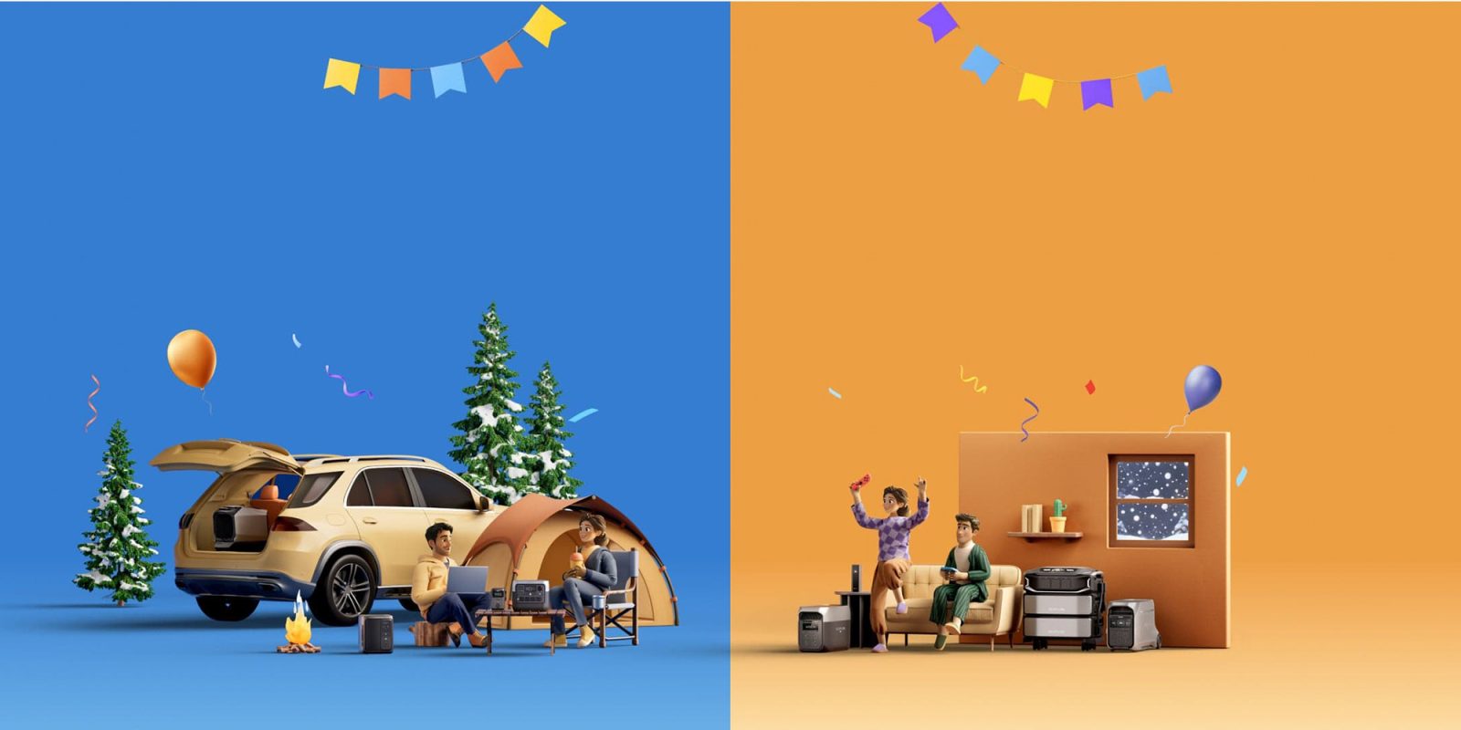 A couple of men sitting on a couch and a tent