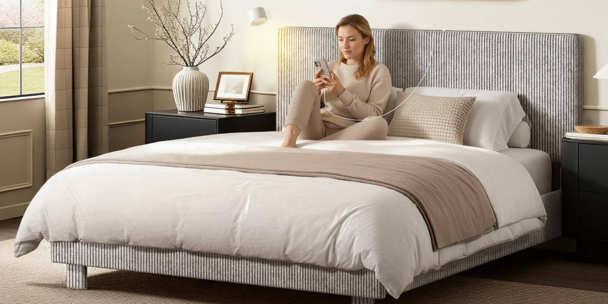 A woman sitting on a bed