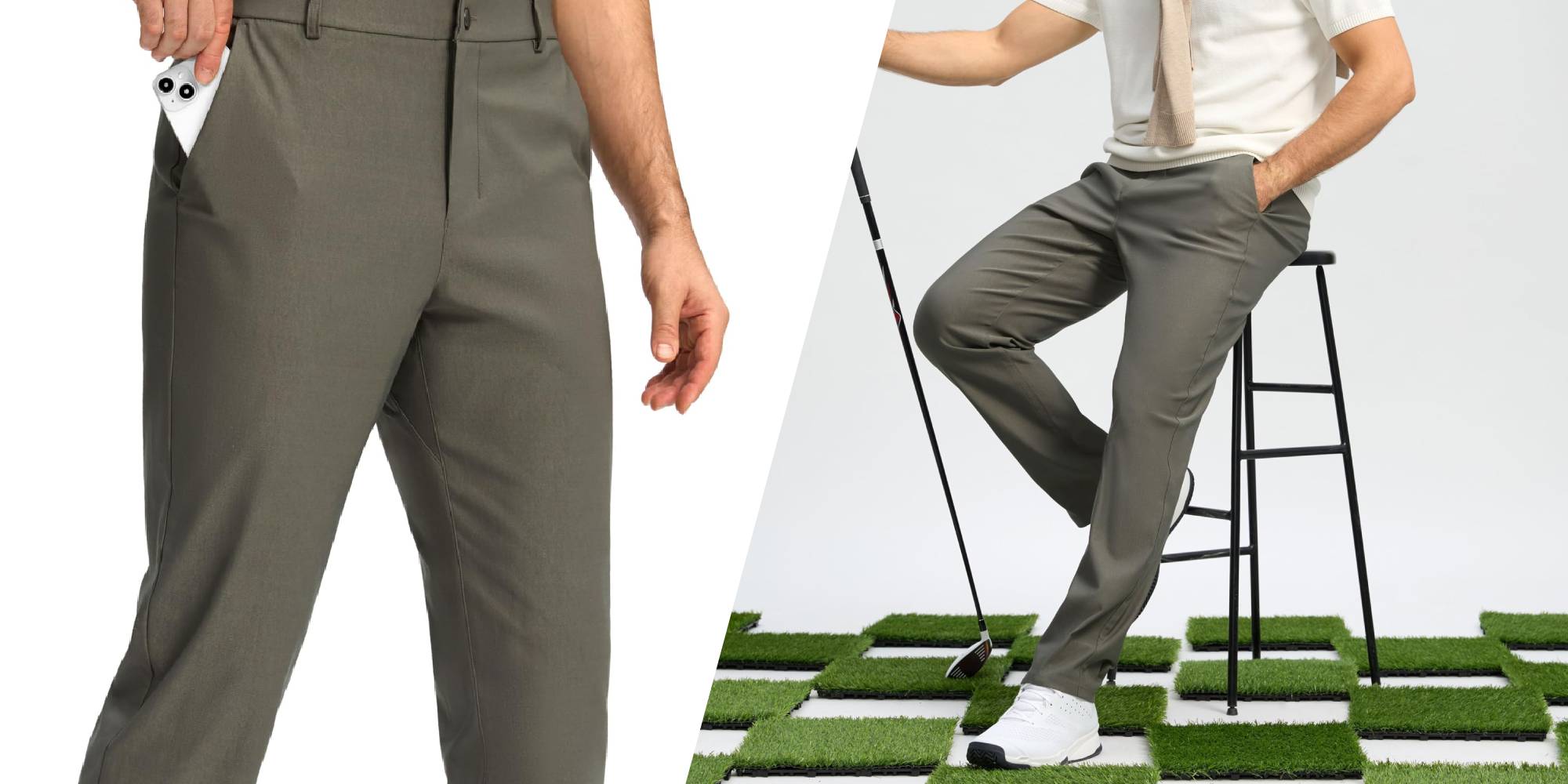 A man wearing grey pants and a golf club