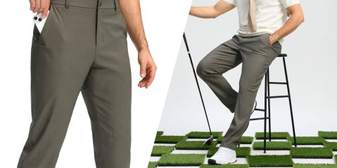 A man wearing grey pants and a golf club