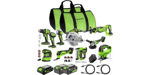 A group of green and black power tools