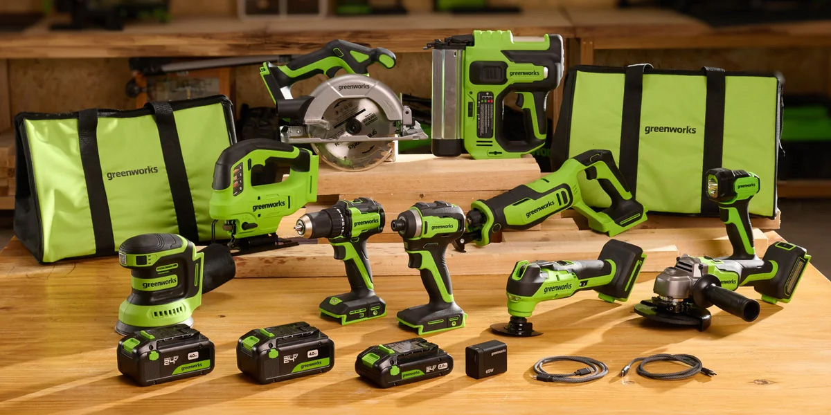 A group of green and black power tools