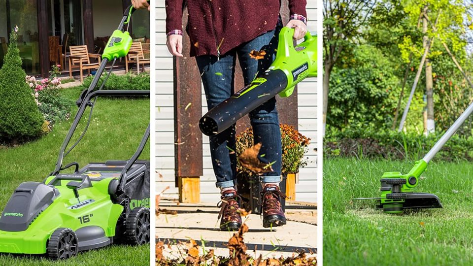 A collage of a person using a blower