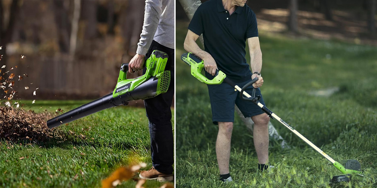 A man holding a green and black blower
