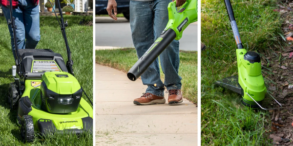 A man holding a green and black blower
