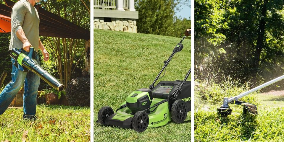 A collage of a lawn mower