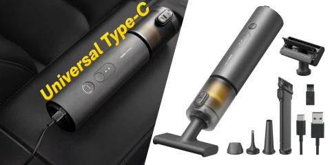 A vacuum cleaner with a black handle