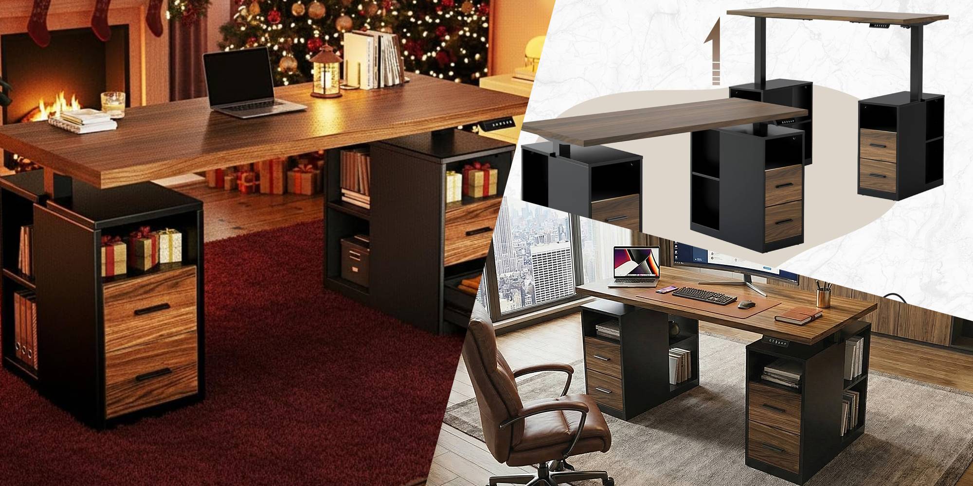 A collage of a desk and a computer