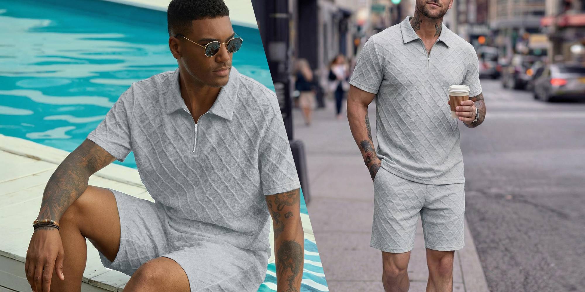 A collage of a man wearing a polo shirt and shorts