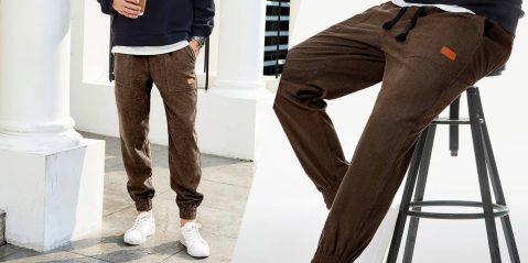 A person wearing brown pants