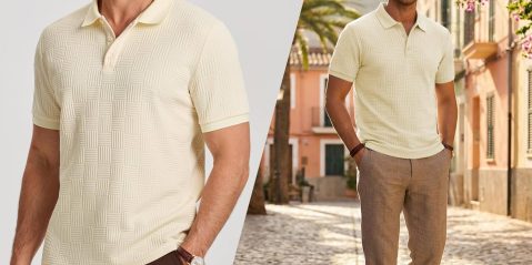 A collage of a man wearing a white polo shirt