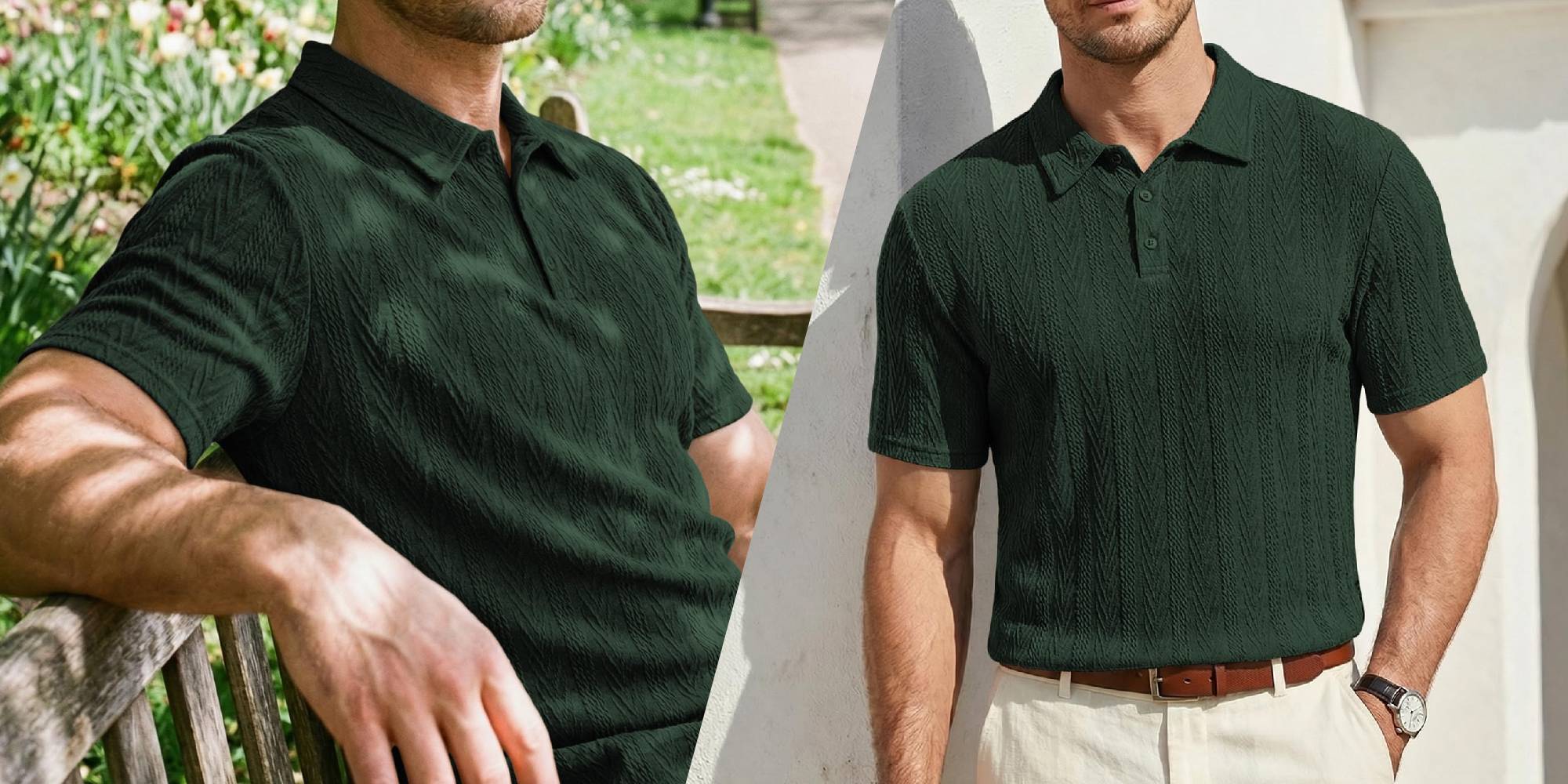 A collage of a man wearing a green shirt