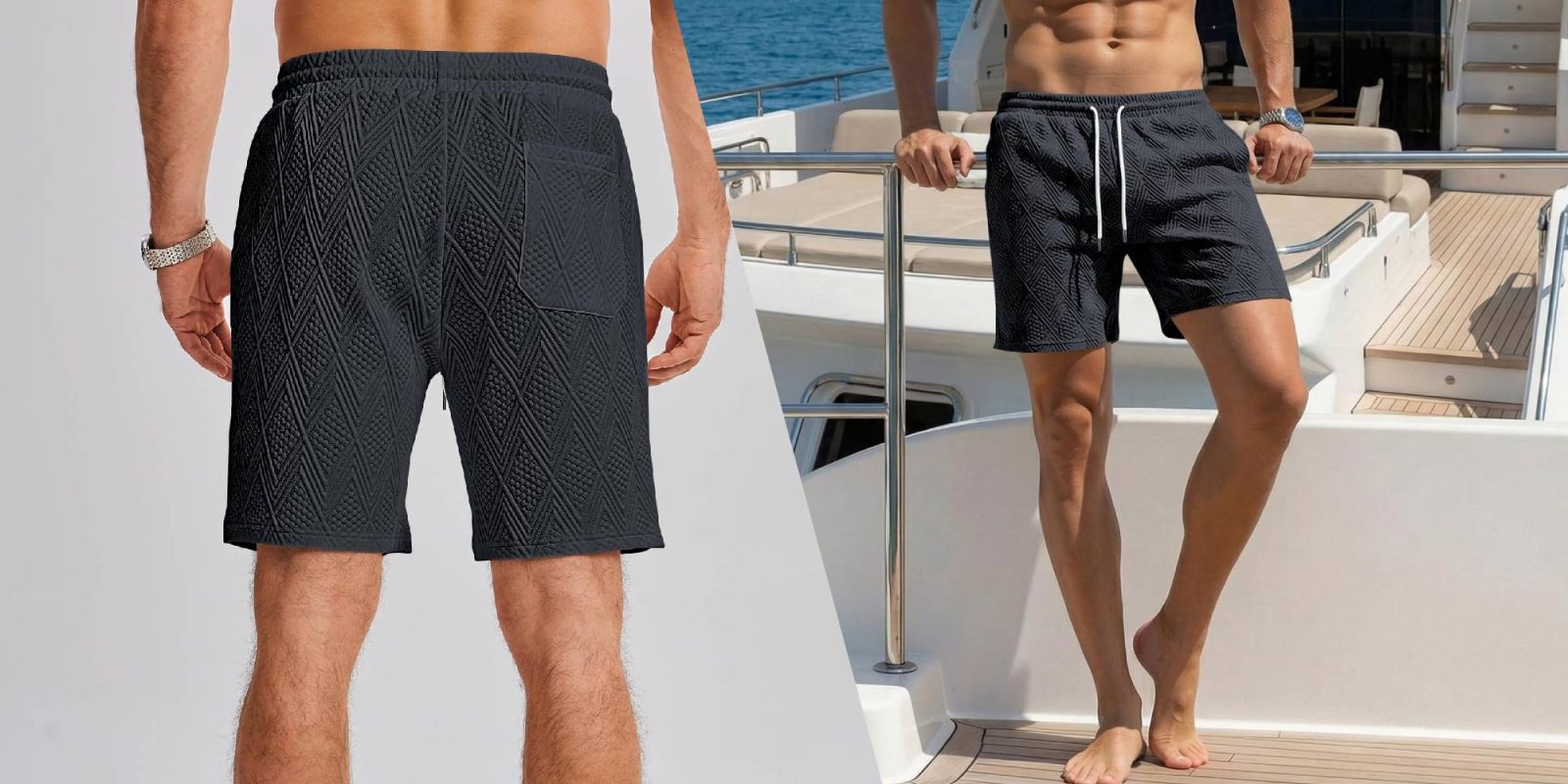 A man wearing swim shorts