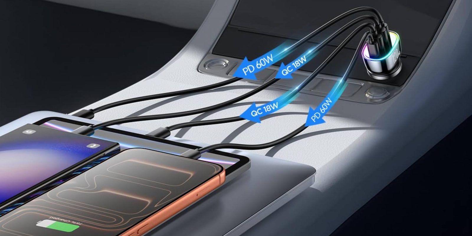 A cell phone connected to a charging station