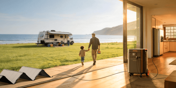 A man and child walking on a porch by a lake