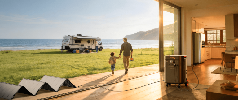 A man and child walking on a porch by a lake